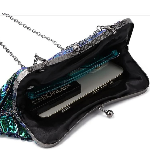 Peacock Feather 20s 30s Retro Sequin Clutch Purse Blue Green Bag Crossbody Chain - Picture 4 of 14
